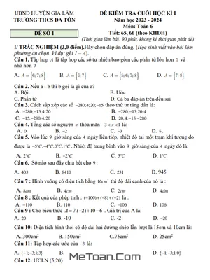 Đề thi học kì 1 Toán lớp 6 năm 2023 - 2024 trường THCS Đa Tốn - Hà Nội (có đáp án)