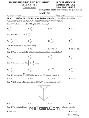 Đề thi học kỳ 1 Toán lớp 7 năm 2022 - 2023 trường THCS Thực hành Sài Gòn