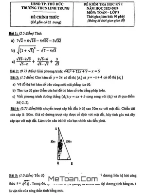 Đề thi học kỳ 1 Toán 9 năm 2023 - 2024 trường THCS Linh Trung - TP HCM