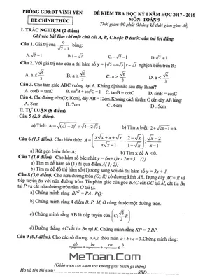 Đề thi học kì 1 Toán 9 năm 2017 - 2018 phòng GD&ĐT Vĩnh Yên - Vĩnh Phúc