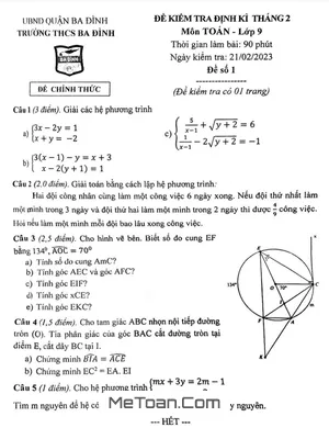 Đề kiểm tra định kỳ Toán 9 tháng 2 năm 2023 trường THCS Ba Đình - Hà Nội