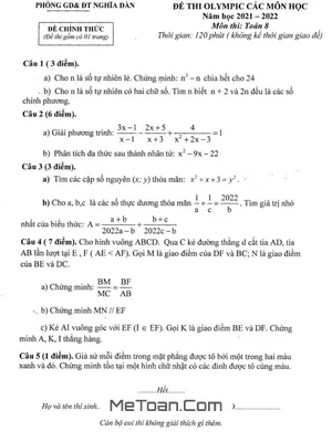 Đề thi Olympic Toán 8 năm 2021 - 2022 phòng GD&ĐT Nghĩa Đàn - Nghệ An