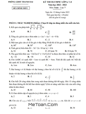 Đề thi Olympic Toán lớp 7 năm 2022 - 2023 phòng GD&ĐT Thanh Oai - Hà Nội