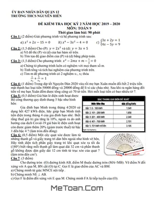 Đề kiểm tra học kỳ 2 Toán lớp 9 năm 2019 - 2020 trường THCS Nguyễn Hiền - TP HCM