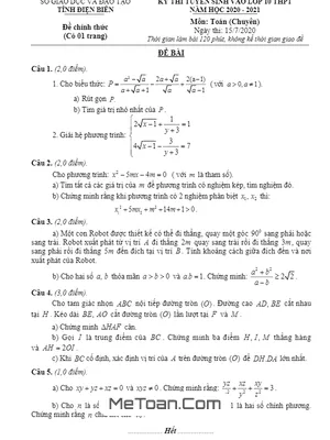 Đề thi tuyển sinh lớp 10 THPT môn Toán (chuyên) năm 2020 - 2021 Sở GD&ĐT Điện Biên