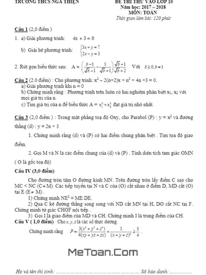 Đề thi thử lớp 10 môn Toán năm 2017 - 2018 trường THCS Nga Thiện - Thanh Hóa