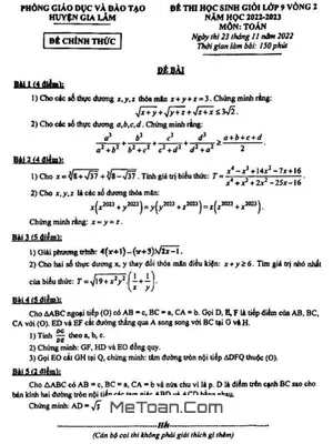 Đề thi HSG Toán 9 vòng 2 năm 2022 - 2023 phòng GD&ĐT Gia Lâm - Hà Nội