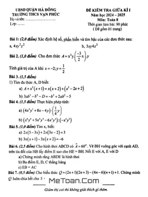 Đề Thi Giữa Kì 1 Toán 8 Năm 2024 - 2025 Trường THCS Vạn Phúc - Hà Nội