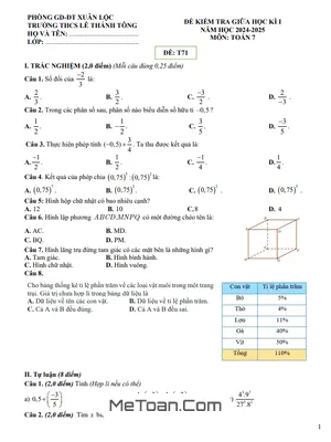 Đề Thi Giữa Kì 1 Môn Toán Lớp 7 Năm 2024 - 2025 Trường THCS Lê Thánh Tông - Đồng Nai