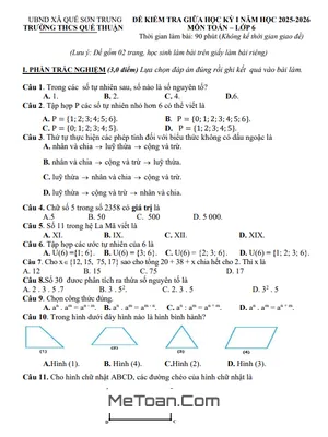 Đề thi Giữa Kỳ 1 Toán 6 THCS Quế Thuận, Đà Nẵng Năm học 2025 - 2026 (Có Đáp Án)