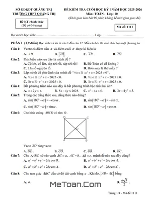 Đề Thi Cuối Kỳ 1 Môn Toán 10 Năm Học 2025 – 2026 Trường THPT Quảng Trị, Tỉnh Quảng Trị Có Đáp Án Chi Tiết