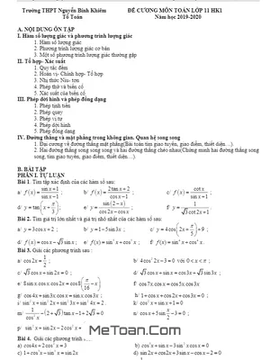 Đề Cương Ôn Tập HK1 Toán 11 Năm 2019 - 2020 Trường Nguyễn Bỉnh Khiêm - Gia Lai