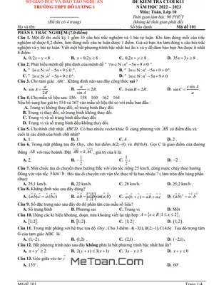 Đề thi cuối kì 1 Toán 10 năm 2022 – 2023 trường THPT Đô Lương 1 – Nghệ An