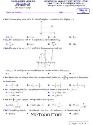 Đề khảo sát Toán 12 lần 3 năm 2022 – 2023 trường THPT Kim Liên – Hà Nội