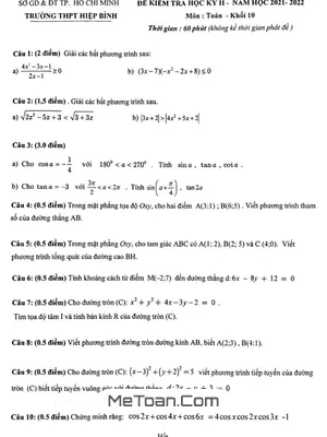 Đề kiểm tra cuối kỳ 2 Toán 10 năm 2021 - 2022 trường THPT Hiệp Bình - TP. HCM