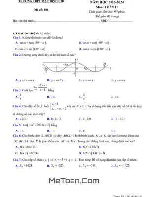 Đề thi cuối kì 1 Toán 11 năm 2023 - 2024 trường THPT Mạc Đĩnh Chi - Hải Phòng
