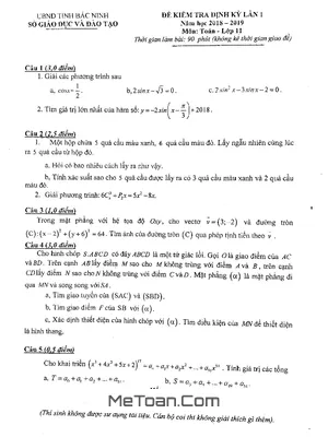 Đề kiểm tra định kỳ Toán 11 lần 1 năm 2018 - 2019 Sở GD&ĐT Bắc Ninh