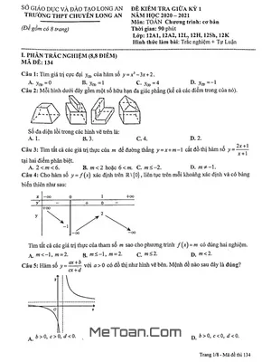 Đề thi giữa kỳ 1 Toán 12 năm 2020 - 2021 trường THPT chuyên Long An