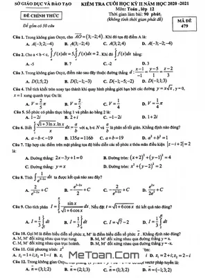 Đề thi cuối kỳ 2 Toán 12 năm 2020 - 2021 sở GD&ĐT Bình Dương