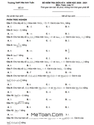 Đề thi giữa HK2 Toán 11 năm 2020 - 2021 trường THPT Mai Anh Tuấn - Thanh Hóa