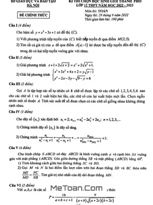 Đề thi học sinh giỏi thành phố Toán 12 năm 2022 – 2023 sở GD&ĐT Hà Nội