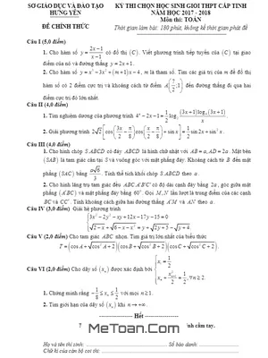 Đề thi chọn HSG Toán THPT cấp tỉnh Hưng Yên năm học 2017 - 2018 có lời giải