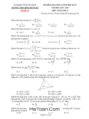 Đề thi HK2 Toán 11 năm 2019 - 2020 trường THPT Đông Hưng Hà - Thái Bình