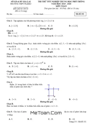 Đề thi thử tốt nghiệp THPT 2020 môn Toán trường THPT Pleiku - Gia Lai (Mã đề 101) có đáp án
