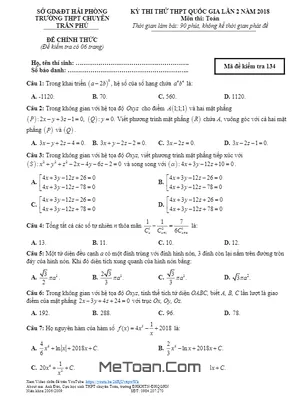 Đề thi thử Toán THPTQG 2018 trường THPT chuyên Trần Phú – Hải Phòng lần 2 (có đáp án)