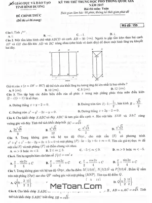 Đề thi thử THPT Quốc gia môn Toán 2017 sở GD&ĐT Bình Dương có đáp án