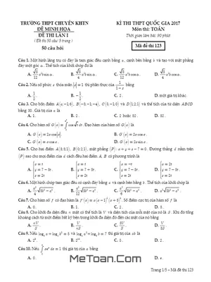 Đề thi thử THPT Quốc gia 2017 môn Toán trường THPT chuyên KHTN lần 1