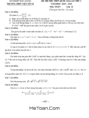 Đề thi thử THPT Quốc gia 2016 môn Toán lần 1 trường THPT Việt Yên 2 – Bắc Giang