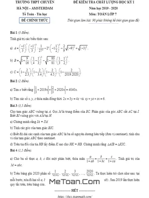 Đề Kiểm Tra Chất Lượng Toán 7 Năm 2019 - 2020 Trường Chuyên Hà Nội - Amsterdam