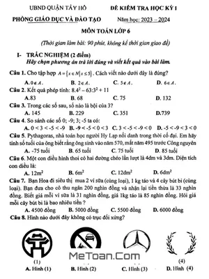 Đề thi học kỳ 1 Toán lớp 6 năm 2023 - 2024 phòng GD&ĐT Tây Hồ - Hà Nội