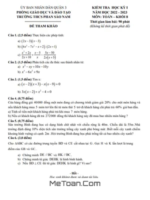 Đề tham khảo học kì 1 Toán 8 năm 2022 – 2023 trường THCS Phan Sào Nam – TP HCM