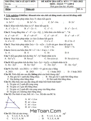 Đề thi giữa học kỳ 1 Toán 8 năm 2021 - 2022 trường THCS Lê Quý Đôn - Quảng Nam