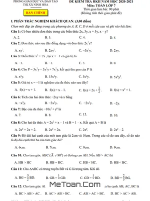 Đề học kì 2 Toán 7 năm 2020 - 2021 phòng GD&ĐT thị xã Ninh Hòa - Khánh Hòa