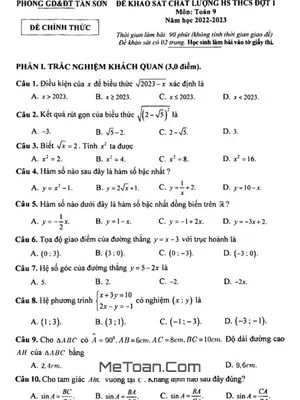 Đề khảo sát Toán 9 đợt 1 năm 2022 - 2023 phòng GD&ĐT Tân Sơn - Phú Thọ