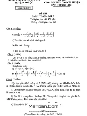 Đề thi học sinh giỏi Toán 8 năm 2020 - 2021 phòng GD&ĐT Cao Lộc - Lạng Sơn