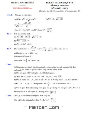 Đề thi giữa kì 1 Toán 9 năm 2020 - 2021 trường THCS Phú Diễn - Hà Nội