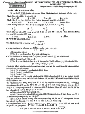 Đề thi tuyển sinh vào lớp 10 môn Toán năm 2023 - 2024 sở GD&ĐT Vĩnh Phúc