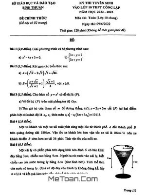 Đề thi tuyển sinh lớp 10 môn Toán (chung) năm 2022 - 2023 Sở GD&ĐT Bình Thuận