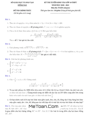 Đề tuyển sinh lớp 10 môn Toán (chuyên) năm 2020 - 2021 Sở GD&ĐT Đồng Nai