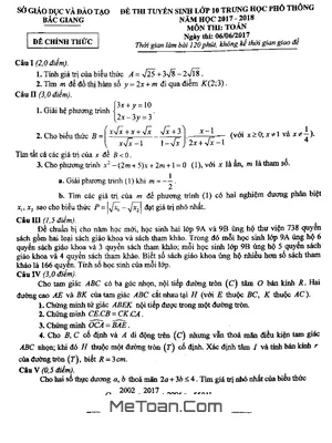 Đề thi tuyển sinh lớp 10 môn Toán - Sở GD&ĐT Bắc Giang năm 2017-2018 có lời giải