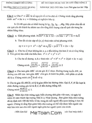 Đề thi HSG Toán 9 năm 2022 - 2023 trường THCS Lý Nhật Quang - Nghệ An (vòng 2)