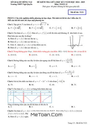 Đề giữa kỳ 1 Toán 12 năm 2024 - 2025 trường THPT Ngô Quyền - Đồng Nai
