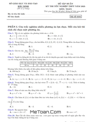 Đề tập huấn thi tốt nghiệp THPT 2025 môn Toán sở GD&ĐT Bắc Ninh