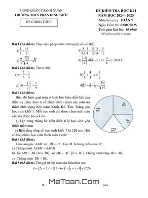 Đề thi học kì 1 Toán 7 năm 2024 - 2025 trường THCS Phan Đình Giót - Hà Nội