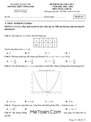 Đề Thi Giữa Kỳ 2 Toán 10 Năm 2025-2026 THPT Vĩnh Linh, Quảng Trị Có Đáp Án