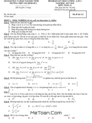 Đề KSCL Toán 11 năm học 2017 - 2018 trường THPT Gia Bình số 1 - Bắc Ninh